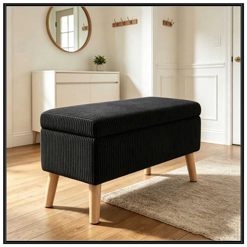 Banc rembourré avec rangement rabattable et pieds robustes, Noir