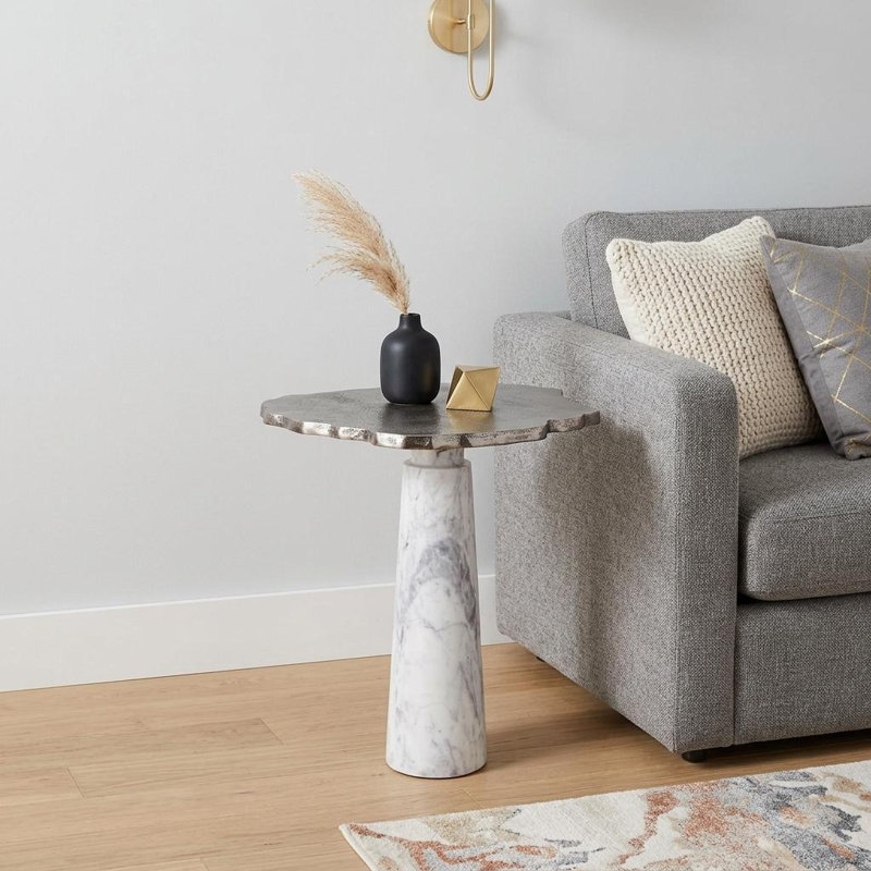 Guice 22" Silver and White Aluminum and Marble Pedestal End Table