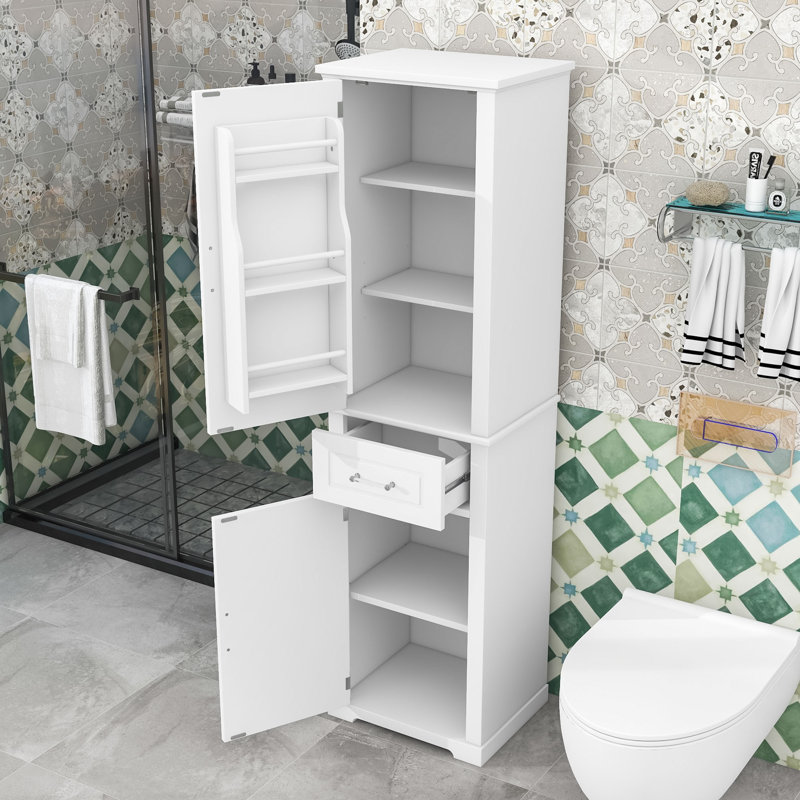 Grande armoire de rangement pour salle de bain avec tiroir, tablettes réglables et tablettes de porte, Blanc