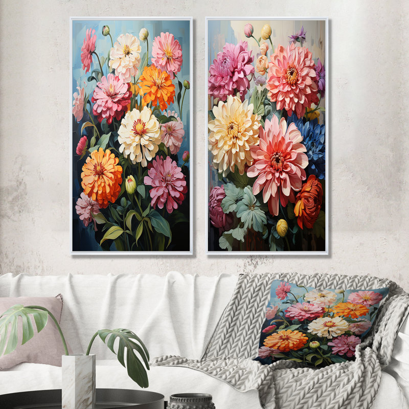 Ensemble de 2 décorations murales Zinnias Burst With Fierce Brushwork - Zinnias, Cadre blanc, H 28 po x l 25 po