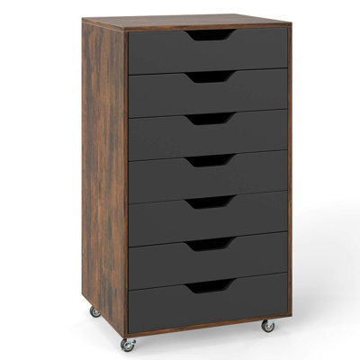7-Drawer Chest Mobile File Cabinet Vertical Filing Organizer with Lockable Wheels Brown