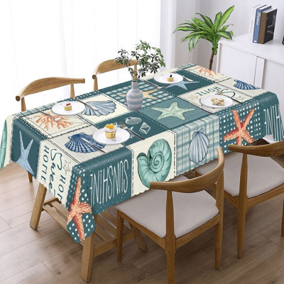 Coastal Starfish Seashell Patchwork Table Cover 60" x 120" Scalloped Edged for Outdoor Veranda Decor