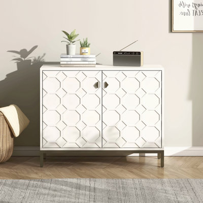 Modern White Glossy Finish 31.88 Height" In. Accent Home Cabinet Storage With Shelves & Metal Coating Gold