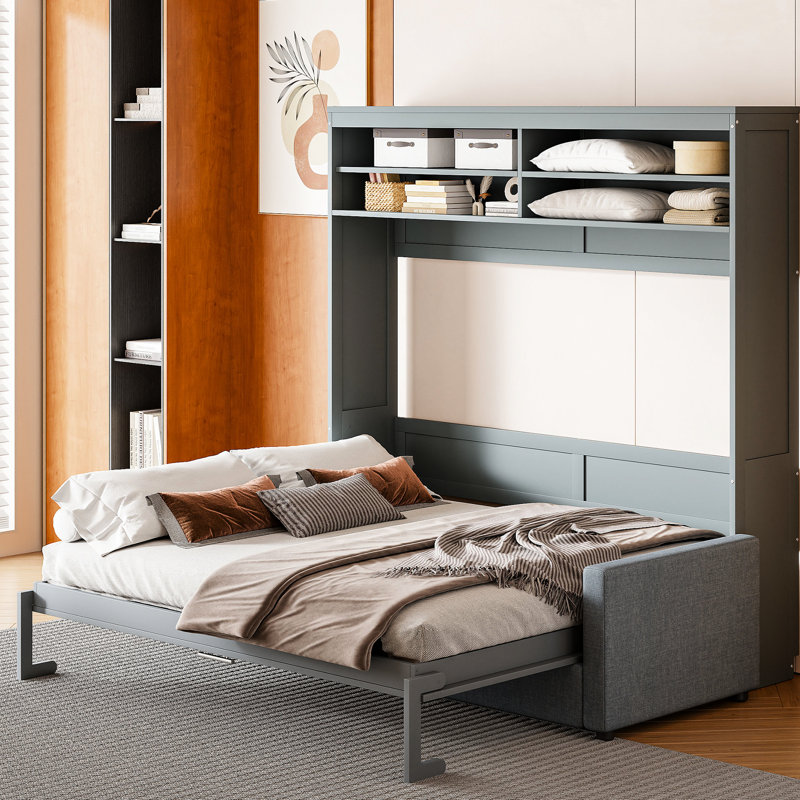 Lit mural gris Queen - Multifonctionnel, pour un sommeil réparateur, gain d'espace, dimensions personnalisables, idéal pour les petits appartements ou les espaces restreints.