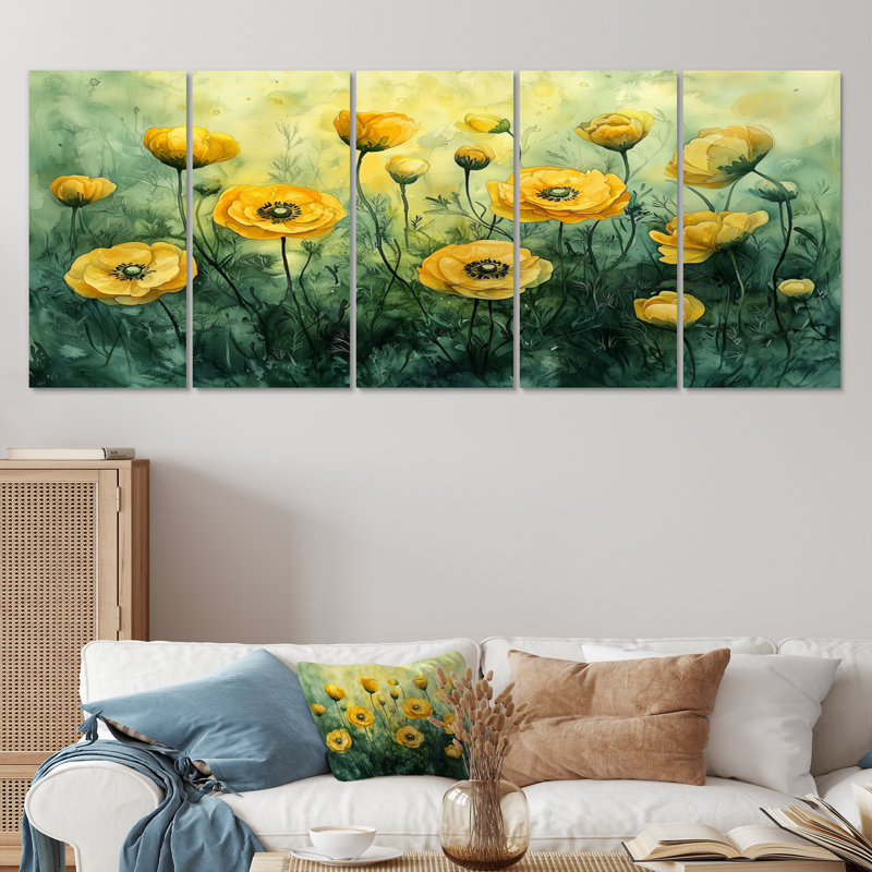 Été fleurs de renoncule à la campagne I - art mural - ensemble de décoration artistique, H 28 po x l 60 po, 5