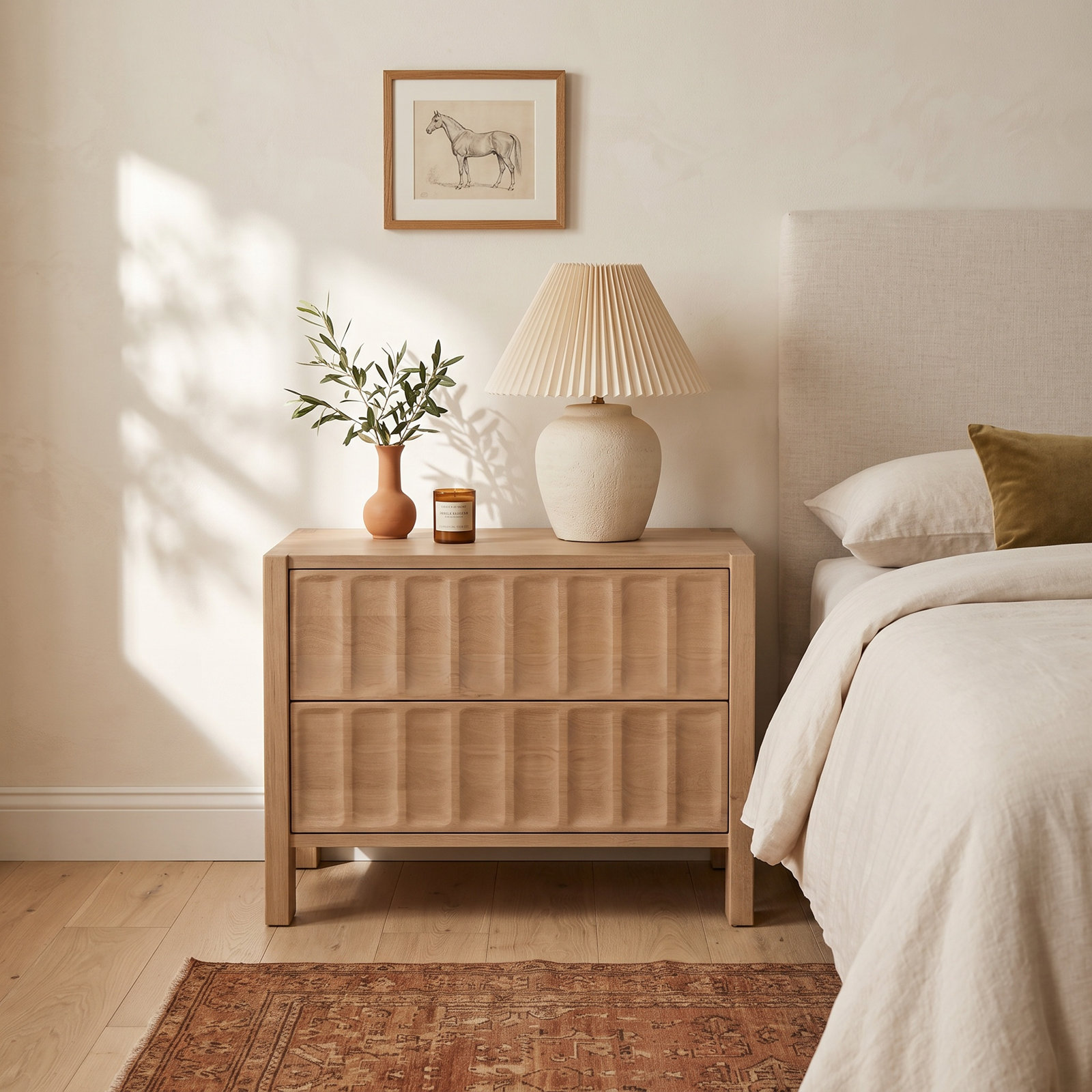 2-Drawer Wide Oak Nightstand, Brown