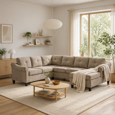 106.3" U-Shaped Sectional Sofa, Chenille Upholstered Modular Couch, Brown, for Living Room