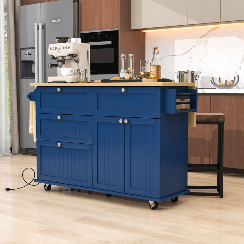 Rosauro Kitchen Islands with Storage Cabinet, 4 Drawers and Towel Rack, Blue