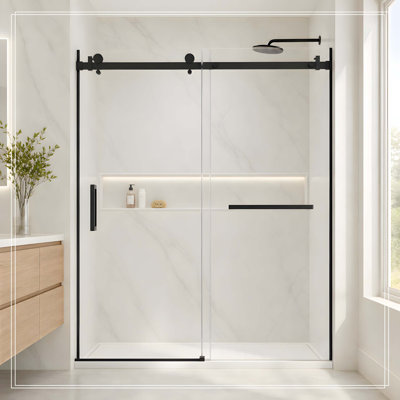 Porte de douche coulissante simple sans cadre l 60 po x H 74 po avec verre trempé transparent de 8 mm noir mat