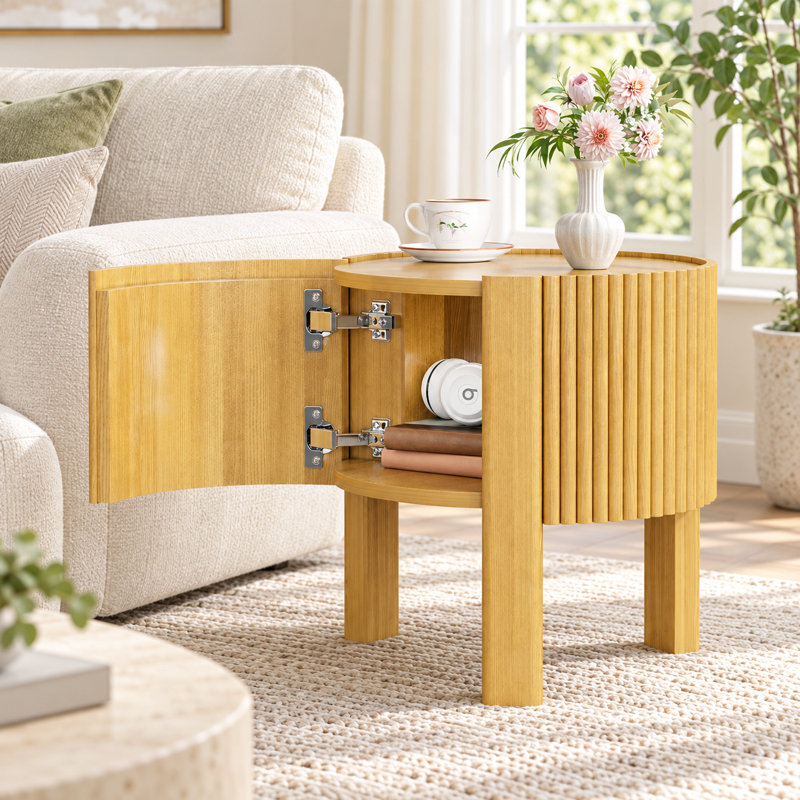 Table d'appoint ronde cannelée avec placard de rangement et porte à fermeture douce