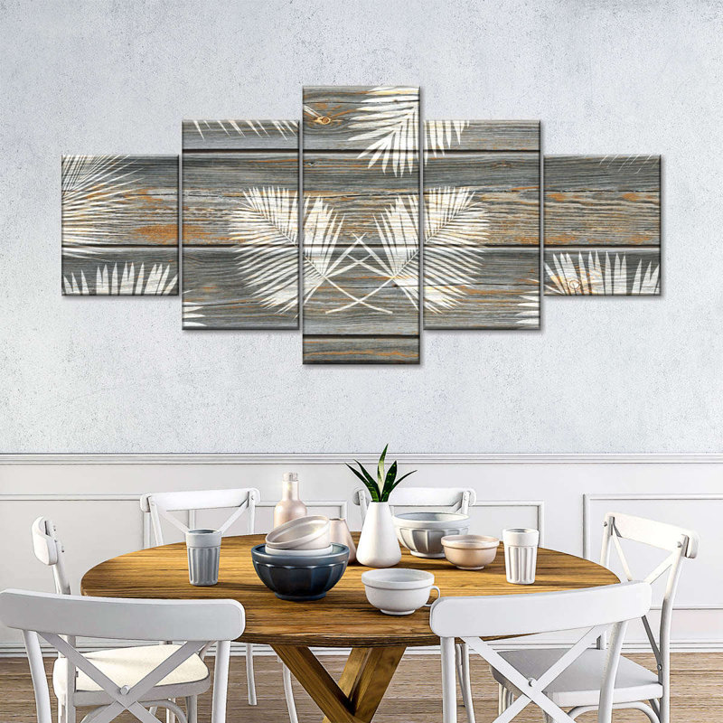 Ensemble de 5 feuilles de palmier en bois sur toile, H 24 po x l 55 po x P 1,25 po