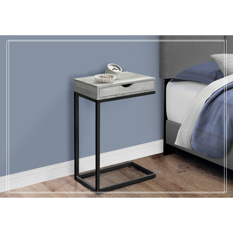 Table d'appoint, en forme de C, bout, côté, collation, tiroir de rangement, salon, chambre à coucher, stratifié gris, métal noir, contemporain, moderne