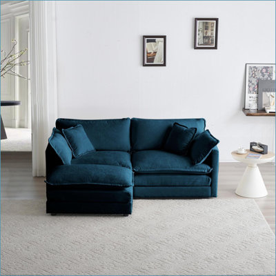 Canapé modulaire 2 places en L avec repose-pieds pour petits espaces | Chenille bleu marine