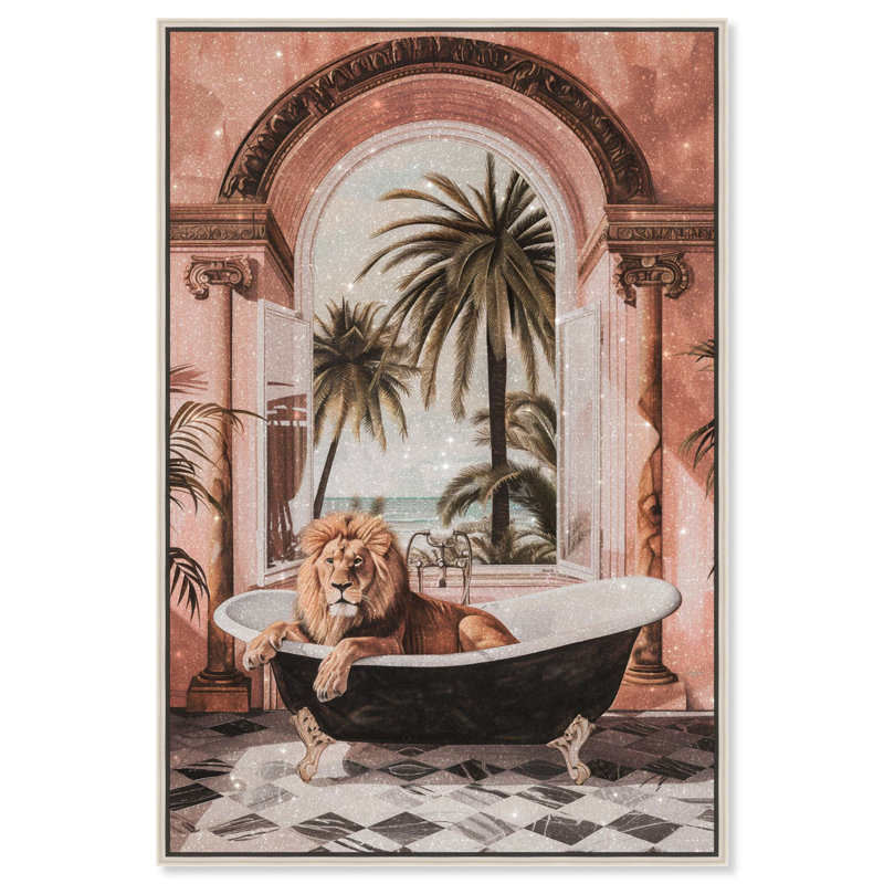 «Sleeping Lion Bath» par Art Remedy, H 16 po x l 11 po, Cadre argenté