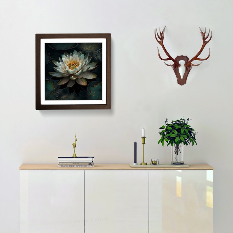 Water Lily Flower Boho - Framed Print, Walnut