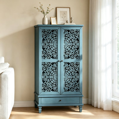 Meuble de rangement rustique de 140 cm de haut, à 2 portes en bois sculpté avec tiroir et pieds en bois massif, idéal pour le salon, l'entrée ou la salle à manger, bleu antique.