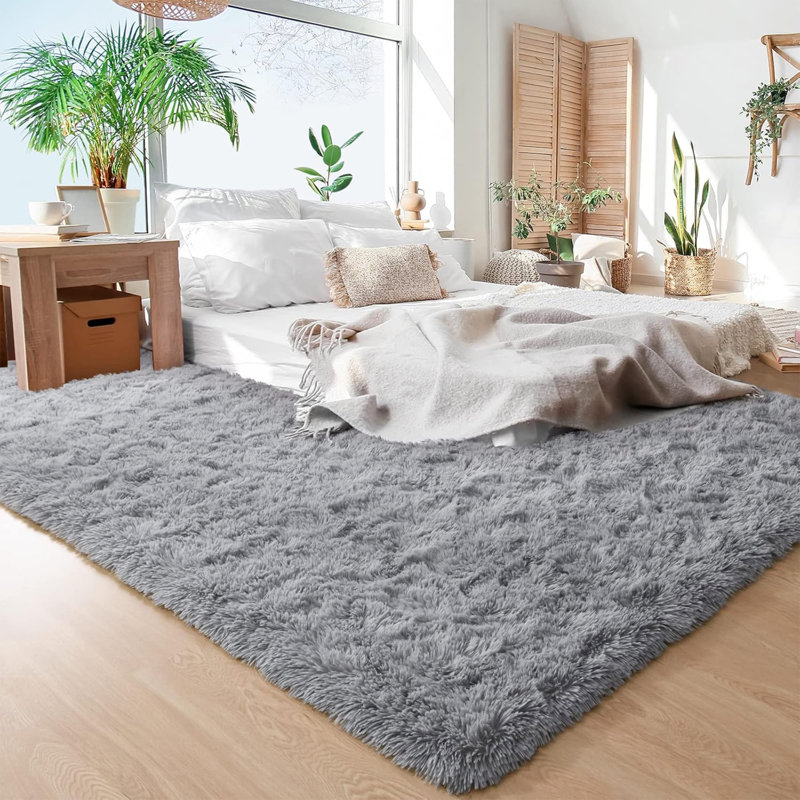 Tapis moelleux 9 pi x 12 pi, tapis en mousse viscoélastique pelucheux avec envers antidérapant, gris clair, Gris clair