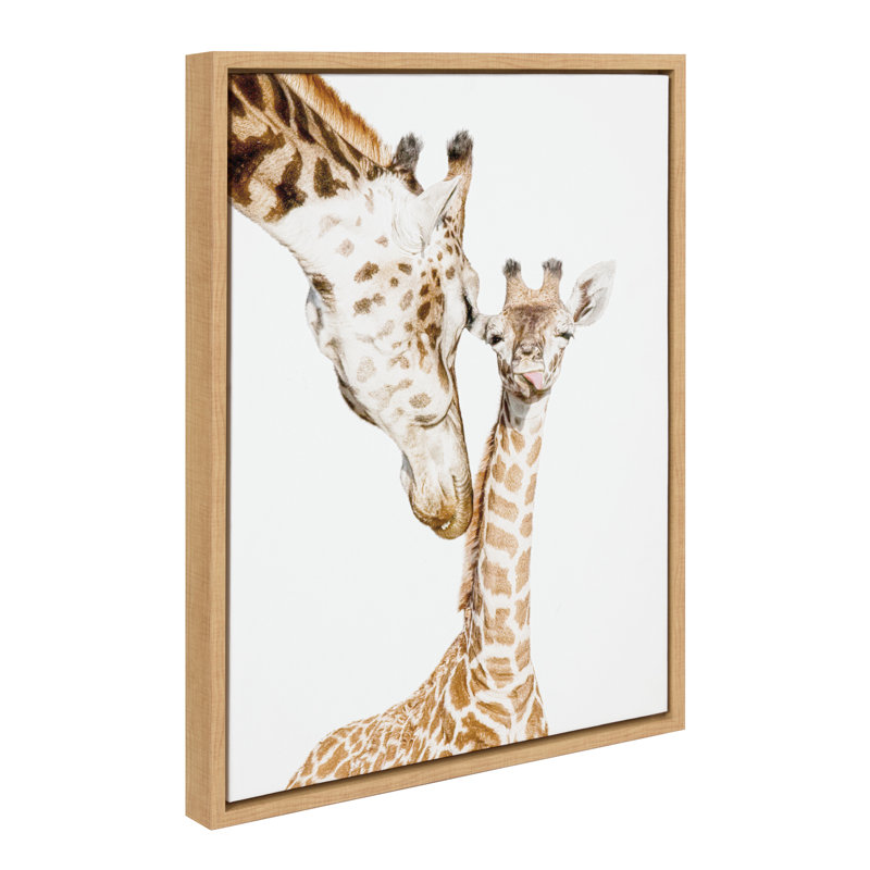 Mother and Baby Giraffe Portrait by Amy Peterson Framed Canvas Wall Art Print, Natural Frame
