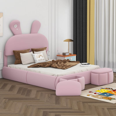 Lit plateforme tapissier pleine grandeur en velours avec tête de lit oreilles de lapin, lumière DEL et 2 tabourets de rangement
