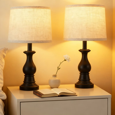 Farmhouse Table Lamp Set Of 2 With Oatmeal Linen Shades, 18.5 Inch Vintage Nightstand Lamps For Living Room And Bedroom, Includes 2 LED Bulbs