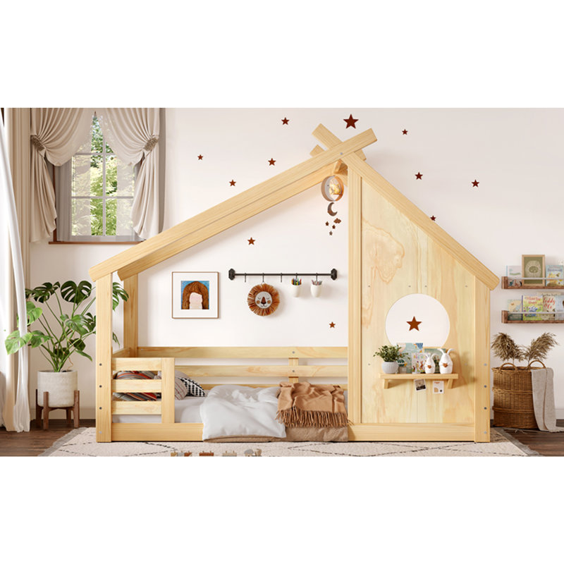 House Floor Bed with Window and a Small Shelf, Solid Wood Floor Bed with House-shaped Roof, No Spring Box Needed, Natural