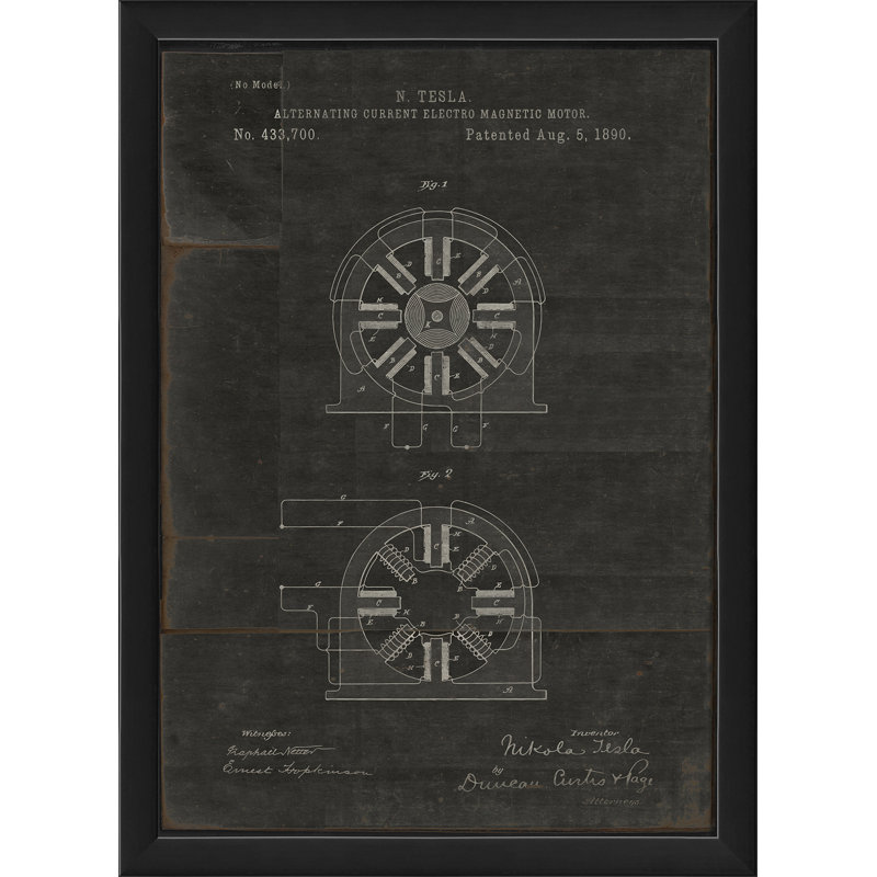 « tesla electro magnétique motor brevet », reproduction d’impression encadrée, H 25,13 po x l 18,13 po, Noir