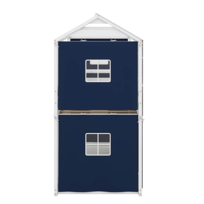Twin-Sized Wooden Bunk Bed, House-Themed Bed With Windows And Tent, Low Loft Frame With Safety Rail, Twin, Blue/White