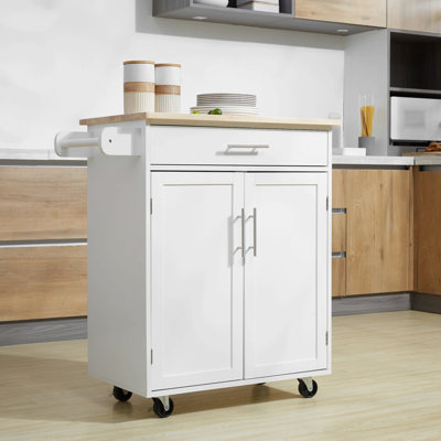 Kitchen Island Cart Rolling Trolley Cart With Drawer, Storage Cabinet & Towel Rack, White