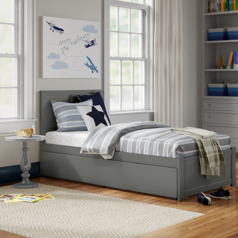 Casandra Solid Wood Platform Bed with Panel Footboard and Trundle, Gray