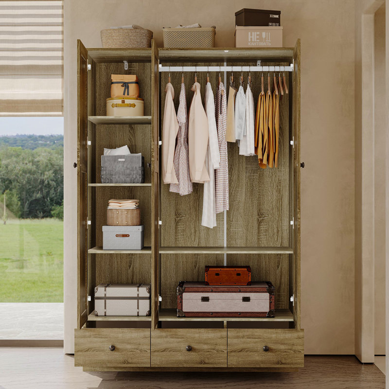 Rattan 3-Door Wardrobe Armoire with 6 Shelves, 3 Drawers & Hanging Rod