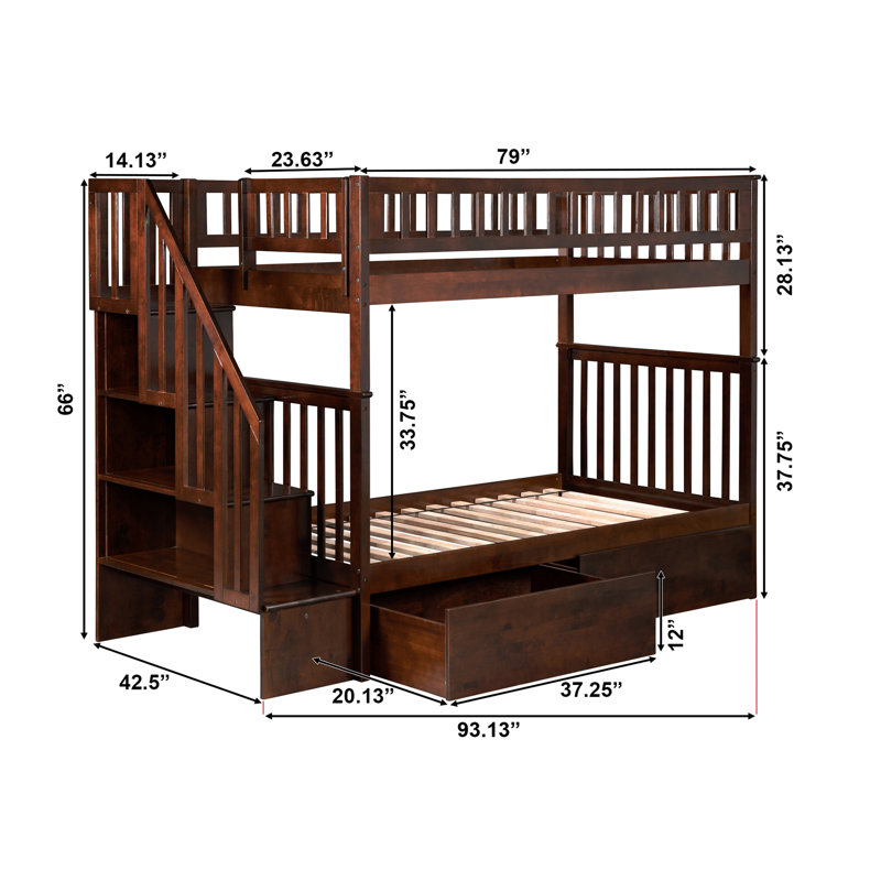 Lit superposé en bois avec escalier et tiroirs Ilariana, Simple sur simple, Noyer