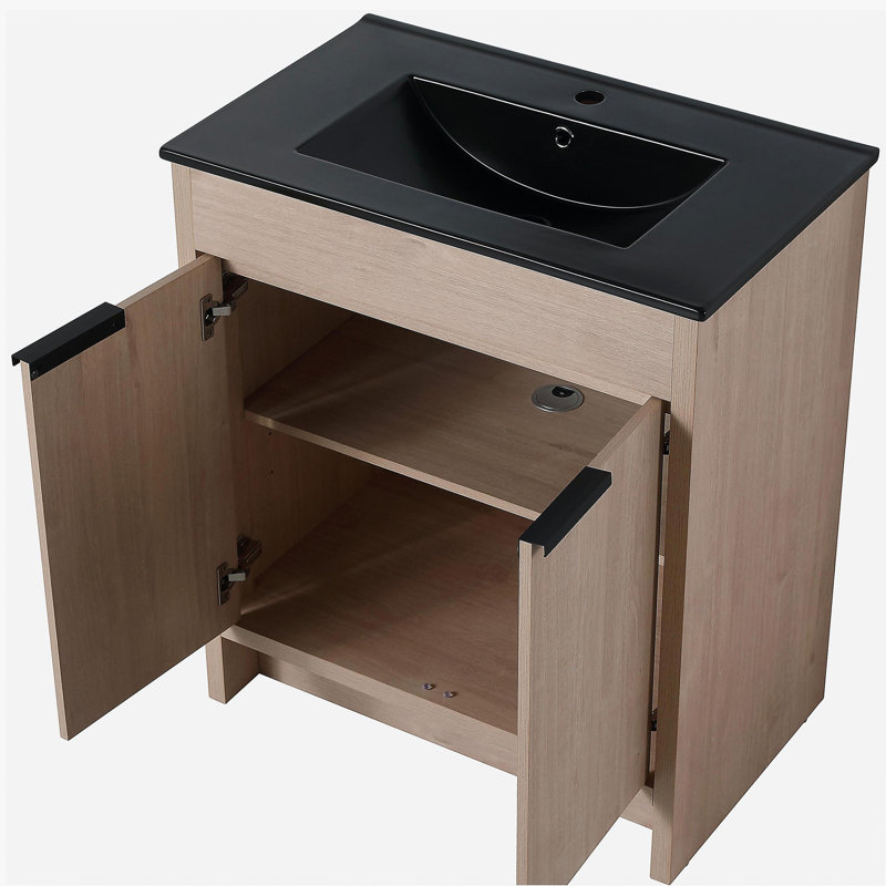 Meuble-lavabo autoportant de 30 pouces avec lavabo en céramique noire et 2 portes d'armoire à fermeture en douceur, 30"