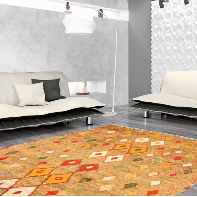 Tapis décoratif en laine brun clair marocain de conception unique 6 pi x 9 pi noué à la main New Age pake