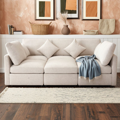 Canapé d'angle modulaire moderne avec pouf, ports de chargement, revêtement en chenille et coussins décoratifs pour salon