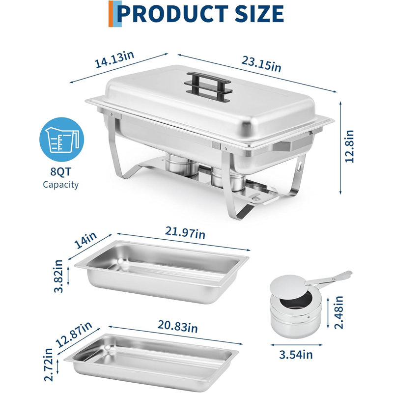 4pcs 8QT Buffet Servers and Warmers Set with Lid & Foldable Frame, Rectangular Stainless Steel Chafer Food Warmer for Parties Wedding Catering Supplies, Silver