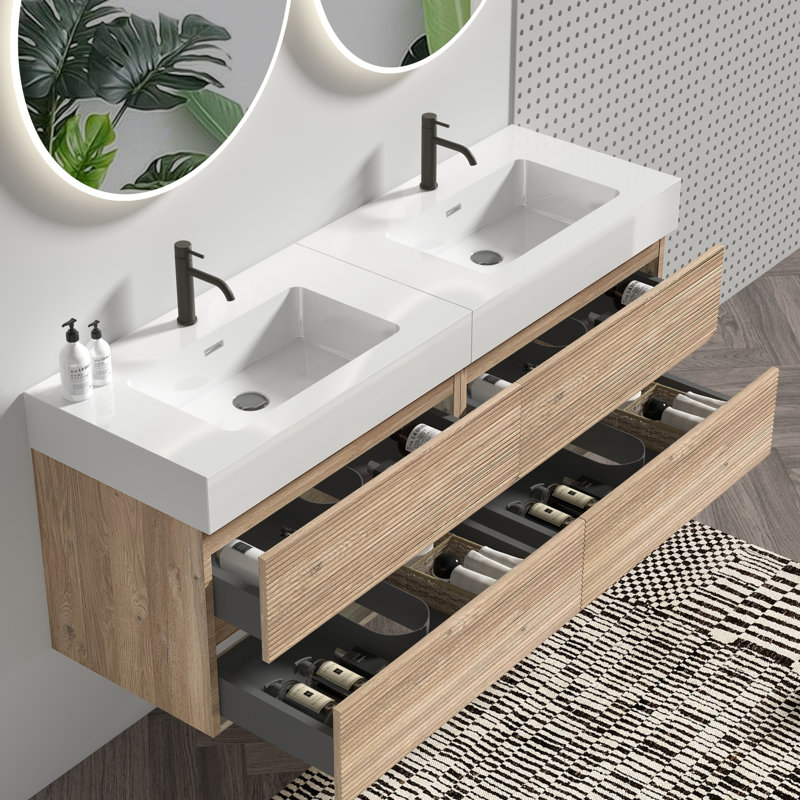 Meuble-lavabo 60 po, conception flottante, lavabo une pièce, tiroirs doubles, style Mid-Century, panneau de grille noir, meuble-lavabo mural à planches E1 avec poignée cachée en chêne brut, base à eau E0