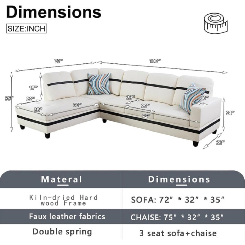 Bawan Faux Leather L-Shaped Sectional, Left Hand Facing, White/Black Faux Leather