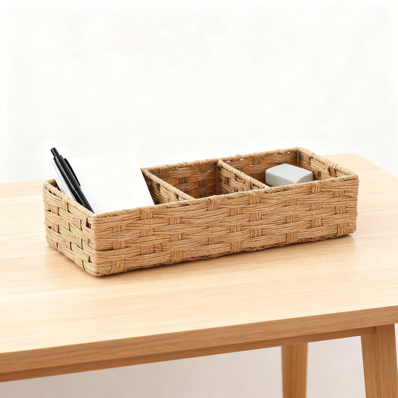 Hand Woven Plastic Wicker Storage Baskets With Dividers For Bathroom Organization, Rustic Farmhouse Decor Countertop Organizer For Toilet Paper And Essentials