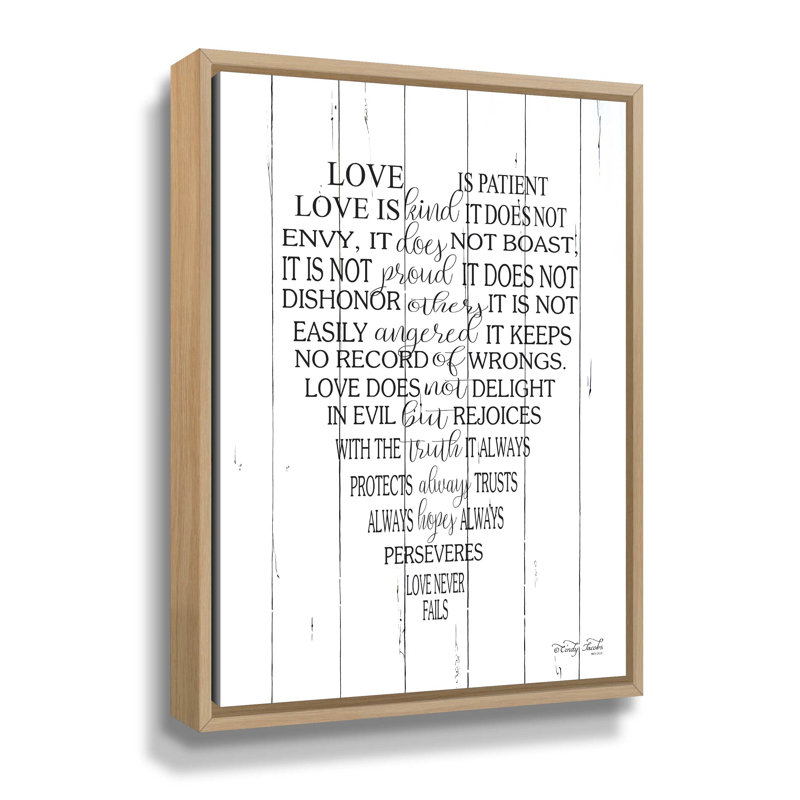 «Love is patient», art textuel, H 18 po x l 14 po x P 2 po, Cadre flottant chêne blanc