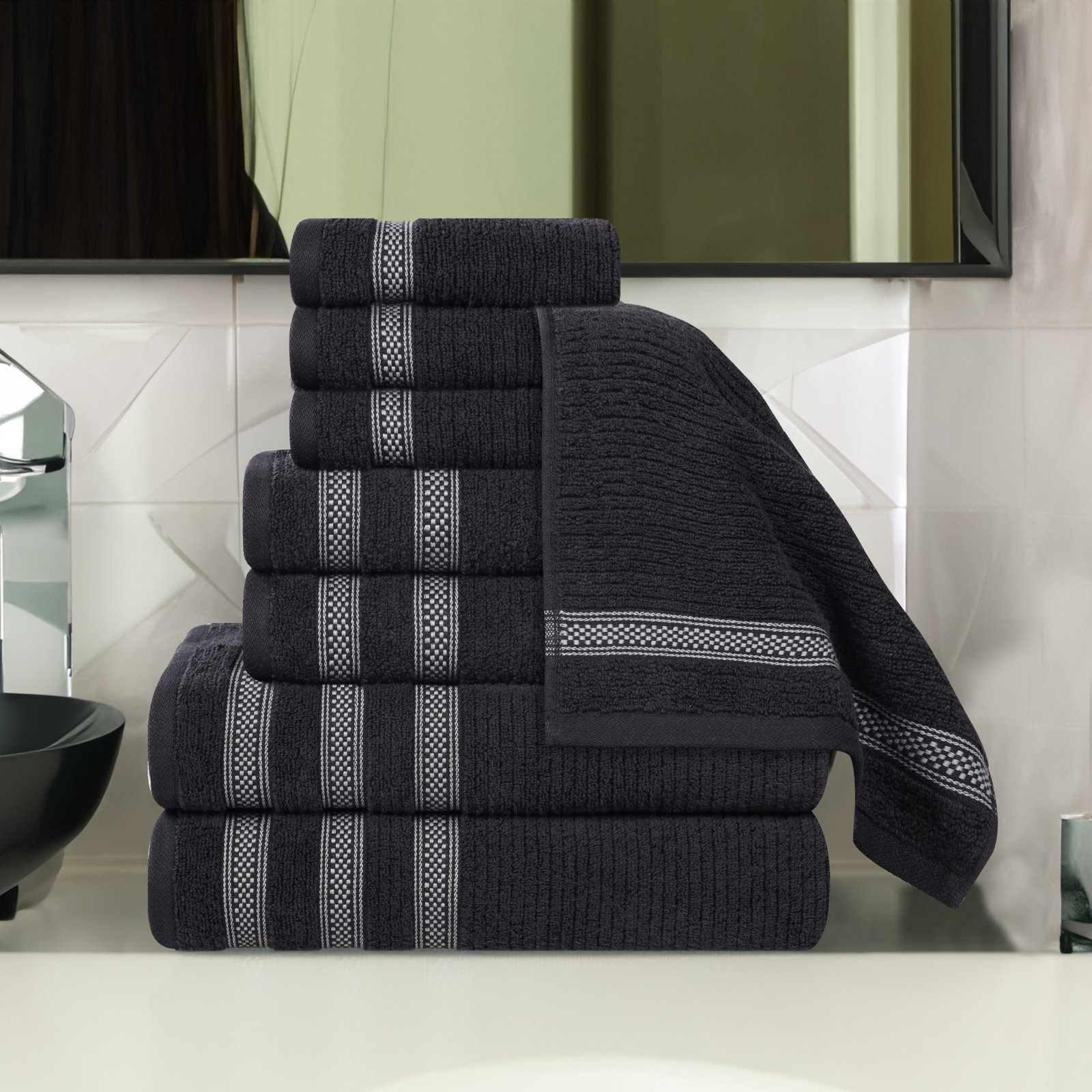 Orley Zero Twist Cotton Ribbed Modern Geometric Border Soft Highly-Absorbent Assorted Bathroom Towel Set, Black