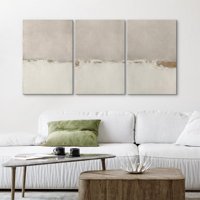 Gris, vert, bichromie, aquarelle, pastel, paysage minimaliste, formes abstraites, art neutre moderne, Toile tendue