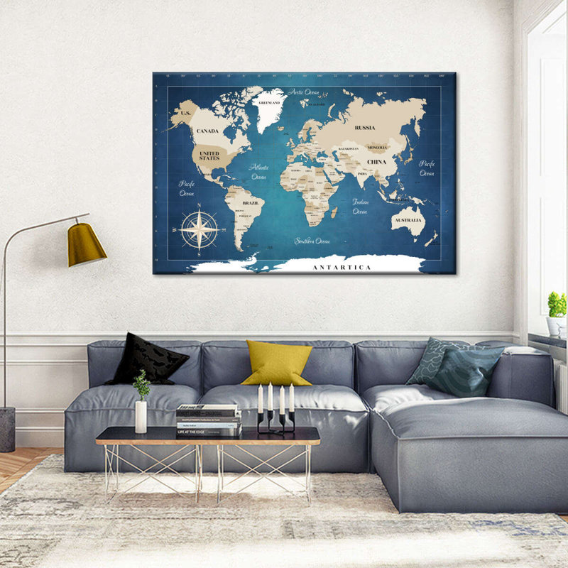 Carte du monde cobalt sur toile, H 26 po x l 39 po x P 1,25 po