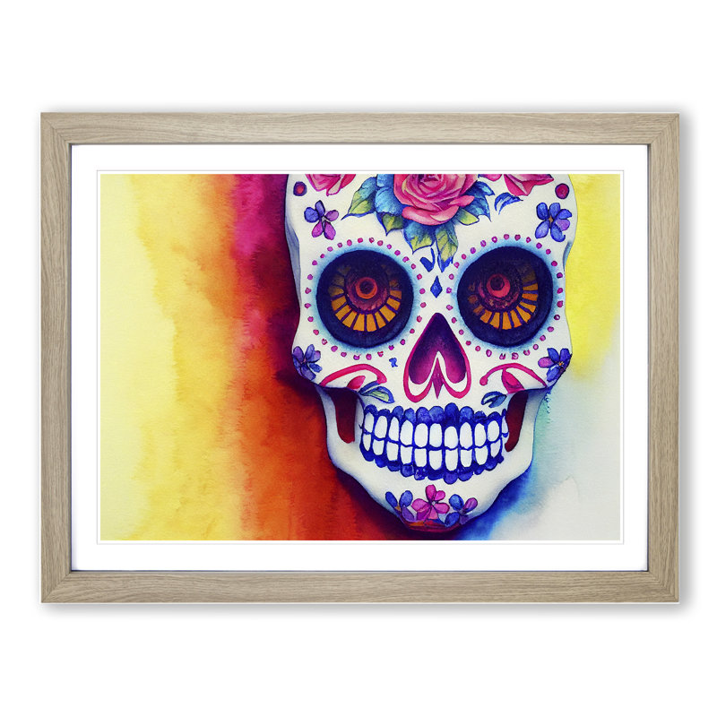 XH1022-9388X Unbelievable Floral Sugar Skull - Single Picture Frame Print, 34cm H x 46cm W x 2cm D, Oak