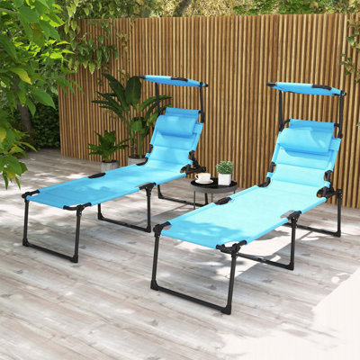 Chaise longue d'extérieur Outsunny, chaise longue pliante à dossier réglable, chaise de bronzage coussinée avec toit pare-soleil et repose-tête pour la plage, le camping et la randonnée
