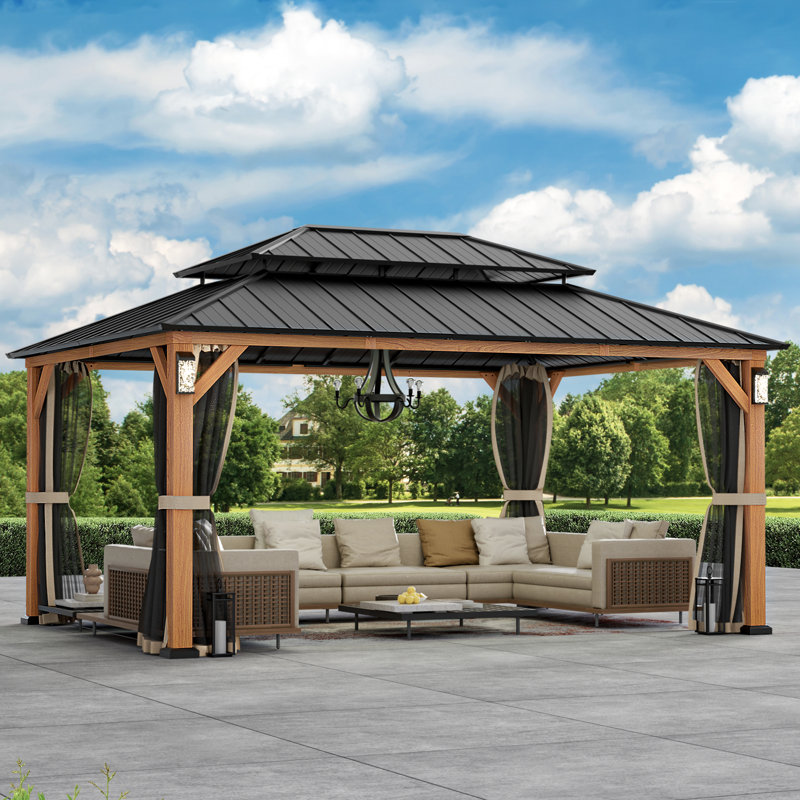 Horizon 12 ft. x 16 ft. Hard Top Gazebo With Solar Self Powered LED Lights, Mosquito Netting and Canopy Hook, Wood Grain