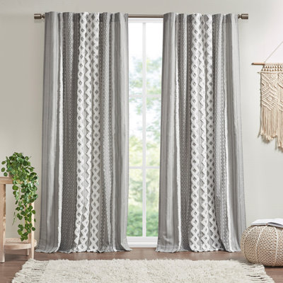 Mamie 50" Cotton Printed Curtain Panel With Chenille Stripe And Lining