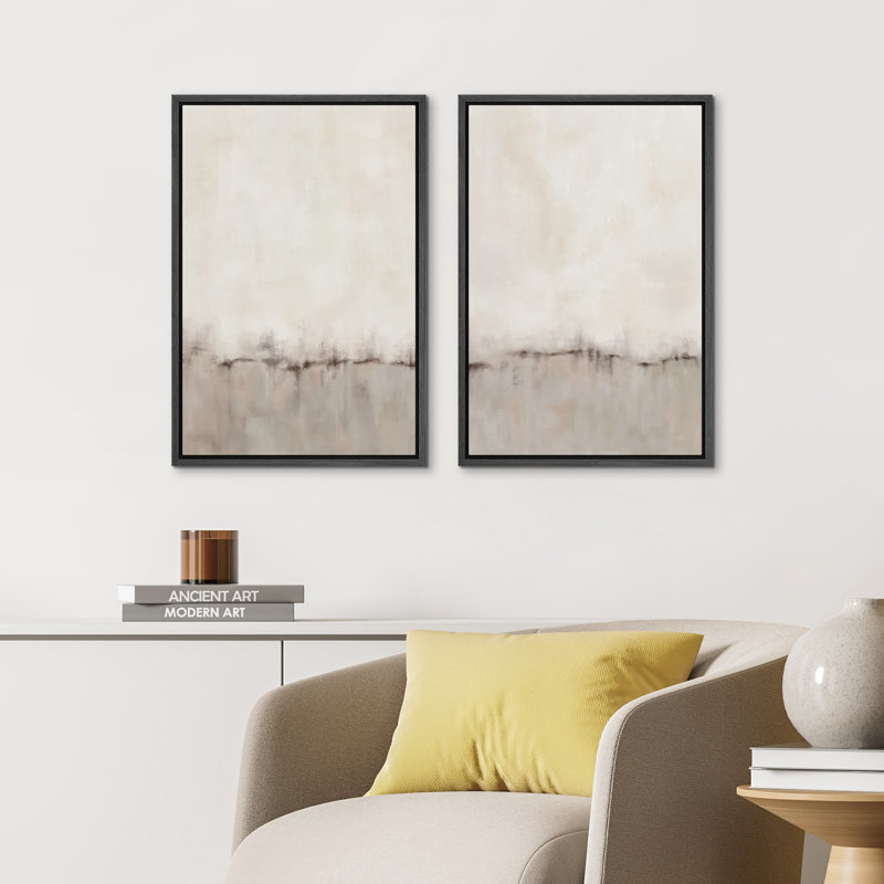 Duotone Tan Abstract Landscape Minimalist Neutral Framed Canvas 2 Pieces Print Modern Artworks, Black, 36" H x 48" W x 1.5" D