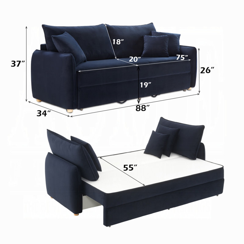 Canapé-lit en tissu Brosius, Bleu, H 37,06 po x l 88,02 po x P 34,02 po, Velours bleu