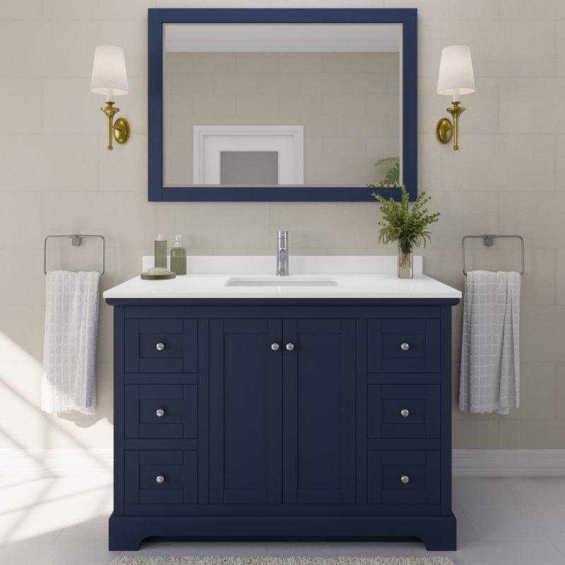 Avery 48'' Single Bathroom Vanity with Quartz Top, Dark Blue, White Quartz, Polished Chrome