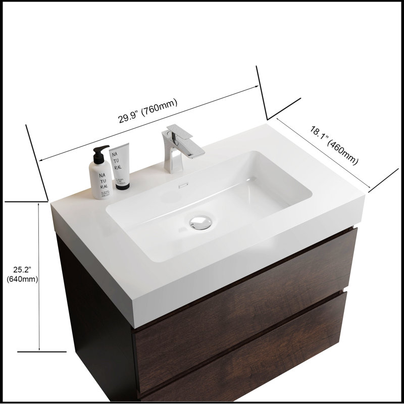Meuble-lavabo simple mural 29,9 po avec plateau en céramique Willys, Blanc + noyer, Blanc / Noyer